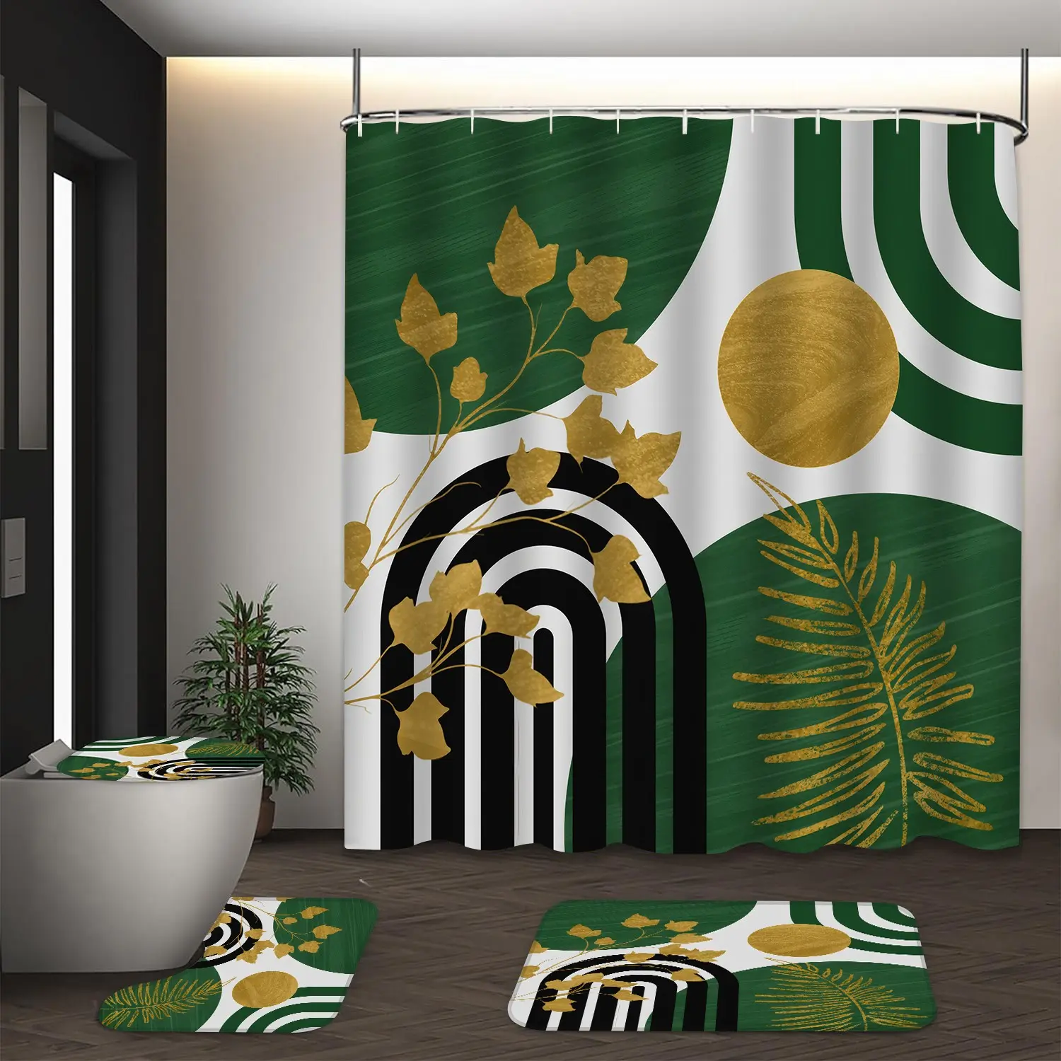 LVRLVR 4pcs Green Black Gold Boho Geometric Leaf Rainbow Bathroom Set with Shower Curtain Sets, Bath Rugs and Hooks - 70.8"×70.8" (180×180cm) Bathroom Decoration Accessories