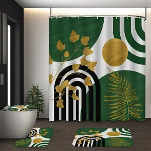 LVRLVR 4pcs Green Black Gold Boho Geometric Leaf Rainbow Bathroom Set with Shower Curtain, Bath Rugs and Hooks - 70.8"×70.8" (180×180cm)