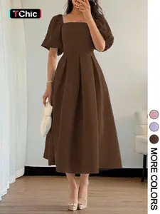 Elegant Women's Solid A-Line Midi Dress, Square Neck Bubble Sleeve, Waist Cinched Flared Hem, Perfect for Casual and Formal Occasions