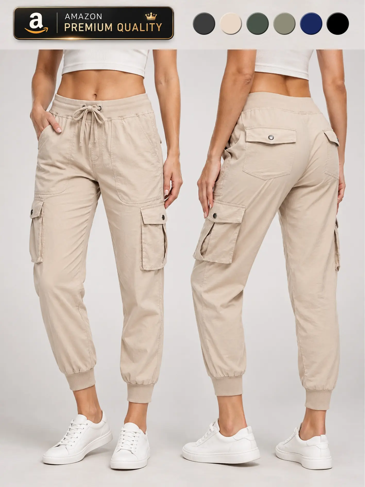 INNERBUT Women's Lightweight Elastic Waist Cargo Joggers - 6 Functional Pockets, Breathable Quick Drying Stretch Fabric, Adjustable Drawcord, Ribbed Ankle Cuffs, Relaxed-Fit Sporty Utility Pants for Hiking, Lounge, Everyday Wear, Elastic Waist Joggers