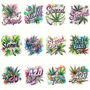 12pcs Weed Theme Iron-On Transfer Stickers, Vibrant Vinyl Decals for DIY T-Shirts Hoodies Bags Hats, Decorative Heat Transfer Patches