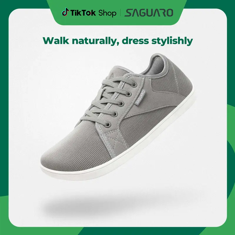 Saguaro Luck Unisex Vegan Wide Toe Box Mesh Casual Barefoot Trainers - Lace-Up, 0-Drop Nature Rubber Outsole, Breathable, Flexible, Lightweight, Machine Washable, Beige 2026 Beach Footwear, Father's Day Gift