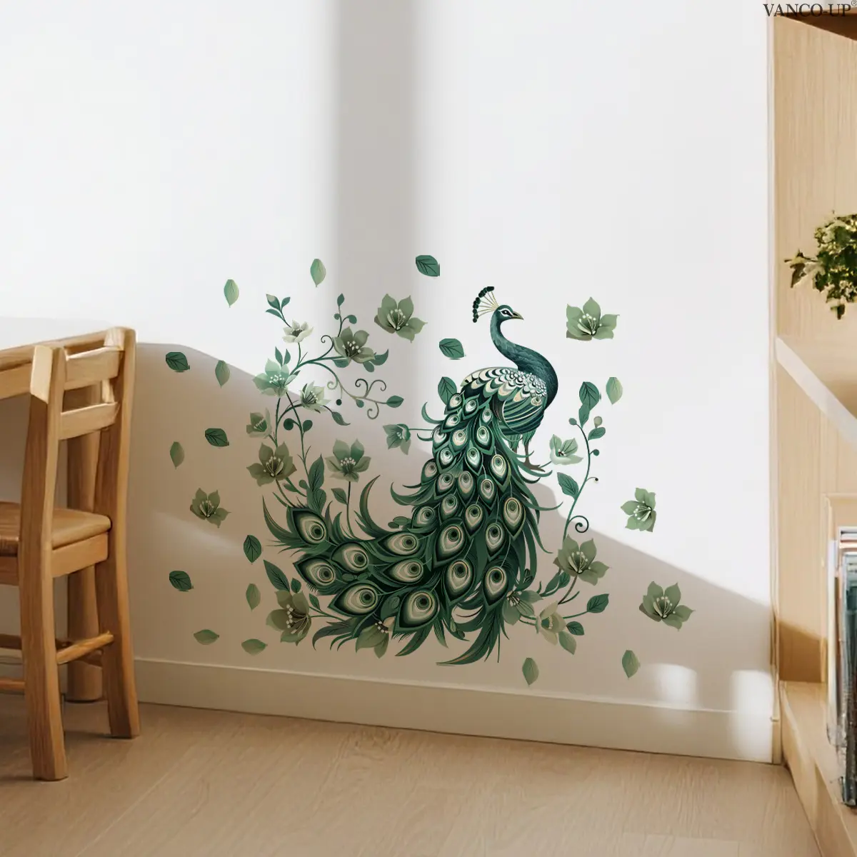 A set (30*60cm*2pcs) 2D flat new spring and summer Chinese style hand-painted peacock creative home bedroom living room wall sticker entrance decoration background wall sticker Wall Decals Peel And Stick M20967-KR