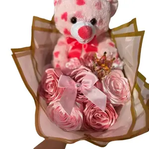 Eternal Rose Bouquet T - Pink Roses with Bow, Includes Teddy Bear and Crown, Ideal for Gifts and Decor Glitter Artificial
