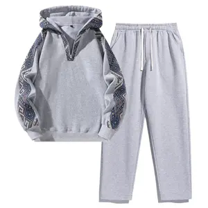 Men's Casual Set Ethnic Pattern Patchwork Hoodie Long Sleeve Quarter Zip Sweatshirt & Straight Leg Pants Fleece Warm Lining Unisex Fit Clothes Menswear Grey joggers men Outfit