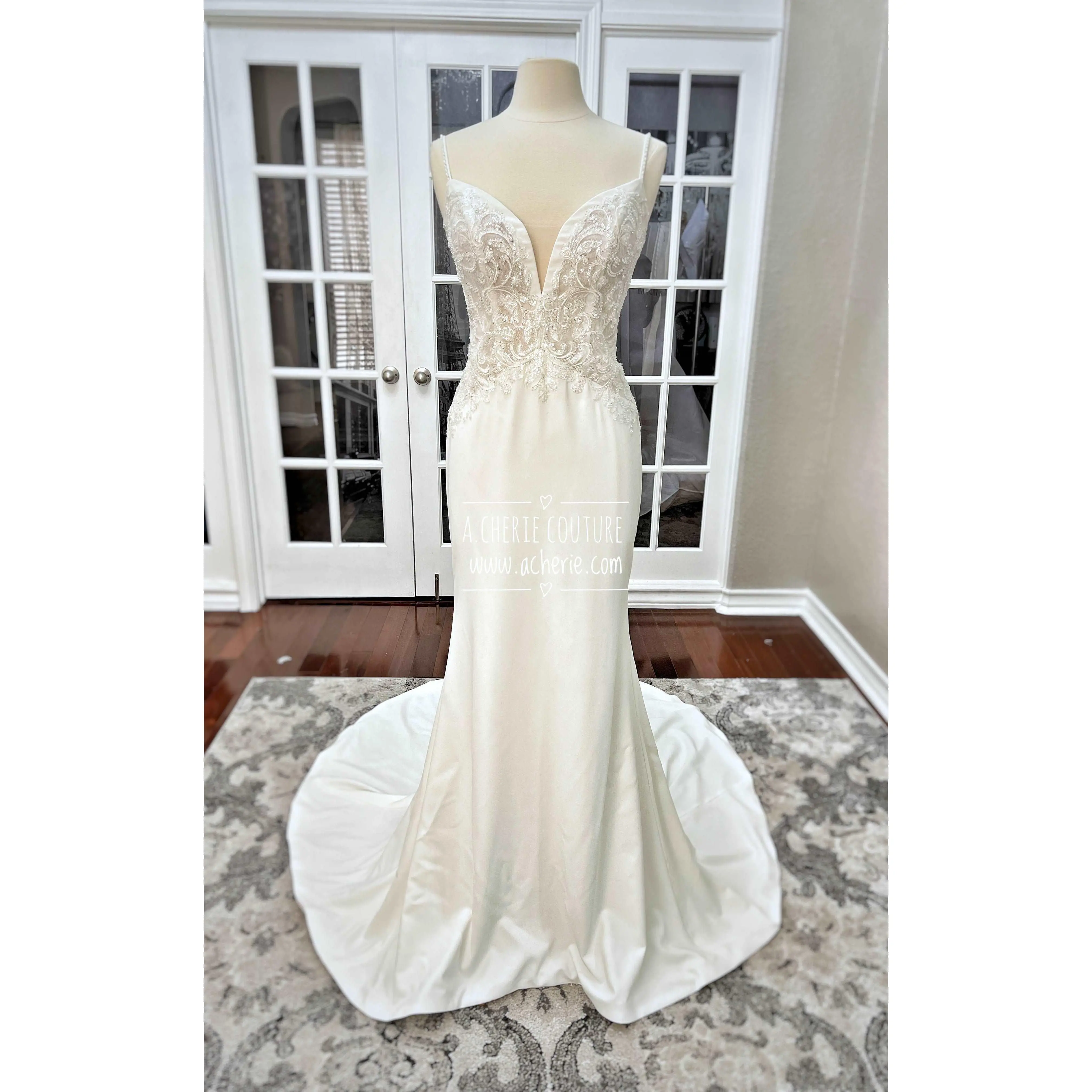 Women's Sleeveless Beaded Low-Back Crepe Fit & Flare Wedding Gown - Alaina Bridal Dress
