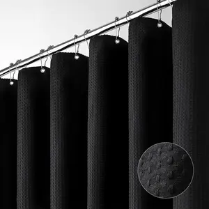 Black Shower Curtain, Polka Dot Waffle Pattern, Waterproof Drape Fabric, Minimalist Bathroom Decor, Metal Hooks, 72x72 in