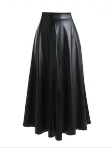 Women's Elegant Fall Winter PU A-Line Skirt, Flared Skirt Design, Loose Fit Long Half Skirt, Plain Pattern Slim-Fitting, Moderate Fabric, Ladies Fashion