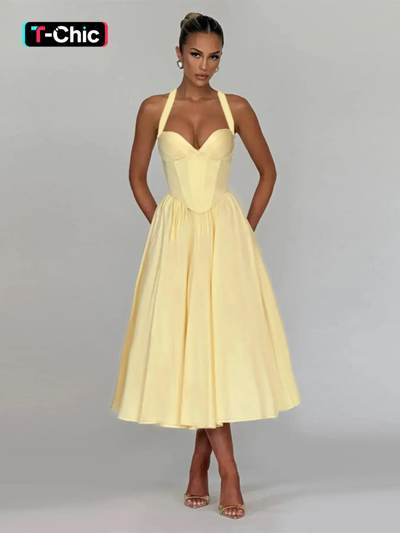 Elegant Chic Halter Neck Butterfly Waist Knit Dress, A-Line Sleeveless Summer, Women's Fashion Clothing Womenswear Fit for Parties, Formal & Casual Wear, Elegant Party Gown