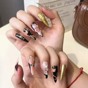 Liquid Chrome Tortoise Shell Press On Nails Long Stiletto – 3D Flower Bling Fake Nails, Glossy Reusable 24Pcs Nail Kit for Party & Night Out