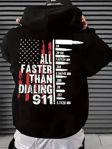 Men's Letter & Flag Print Drop Shoulder Long Sleeve Hoodie, Casual Regular Fit Graphic Drawstring Kangaroo Pocket Hooded Sweatshirt for Daily Holiday Outdoor Wear, Graphic Hoodies, Men Clothes for Spring & Fall