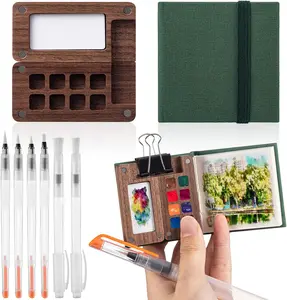 1Set Mini Portable Watercolor Palette Set Wooden Grid Paint Box Watercolor Paper Sketch Book Brush Pens with Binder Clip for Painters Artist Not Include Paint