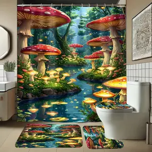 Mushroom Pattern Shower Curtain Set with Rug, Non-Slip Bath Mat, U-Shaped Toilet Lid Cover Pad, Bathroom Decor with Hooks