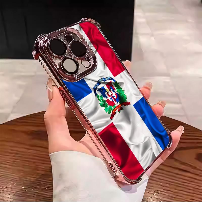 Dominican Pattern Red White Blue Creative Collage Design Suitable for Aesthetic Electroplated TPU Casing For iphone 17 16 15 14 13 12 11 X XS PRO PLUS MAX AIR Samsung S25 S24 S23 Four Corners Anti-Fall Transparent Casual Soft Silicone Phone Cases  L1804