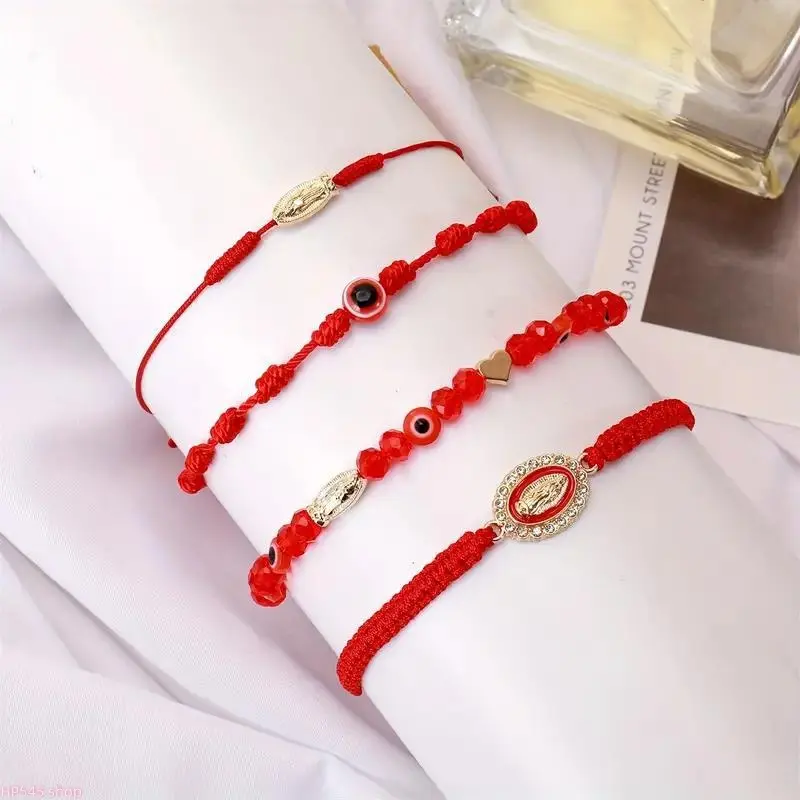 4-Piece Boho Bracelet & Anklet Set for Women, Handmade Braided Beaded Religious Accessories with Red String Evil Eye, Virgin Mary & San Judas Charms, Accessories For Women, Bracelets
