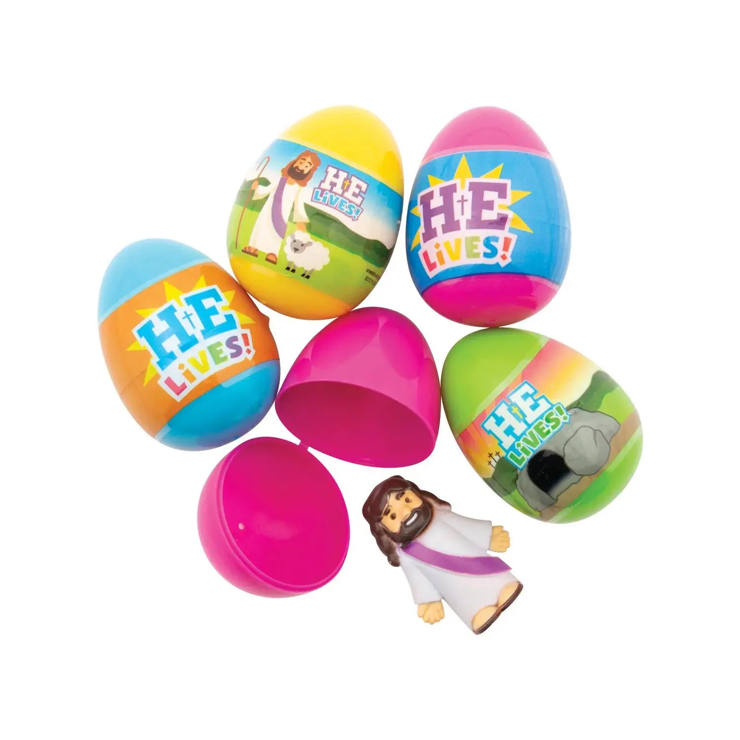 24-Pc Multicolor Plastic Easter Eggs with Toy Jesus Surprise Inside, 2 1/2" Festive Eggs for Children’s Fun and Creativity (Home & Party Supplies)