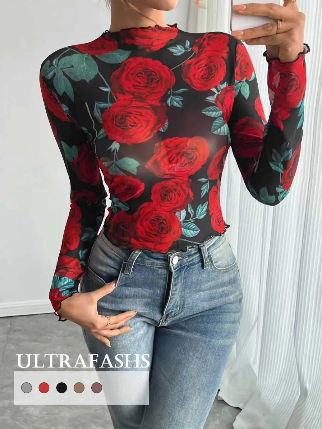 Women's Half High Neck Leopard Print Long Sleeve Boho Chic Sleeve Fitted Top, Sexy Mesh Wood Trim Tight Fit T-Shirt, All Seasons Fashion Floral Elegant, Casual Classy Fashion, Boho Bohemian Style Boho Clothing