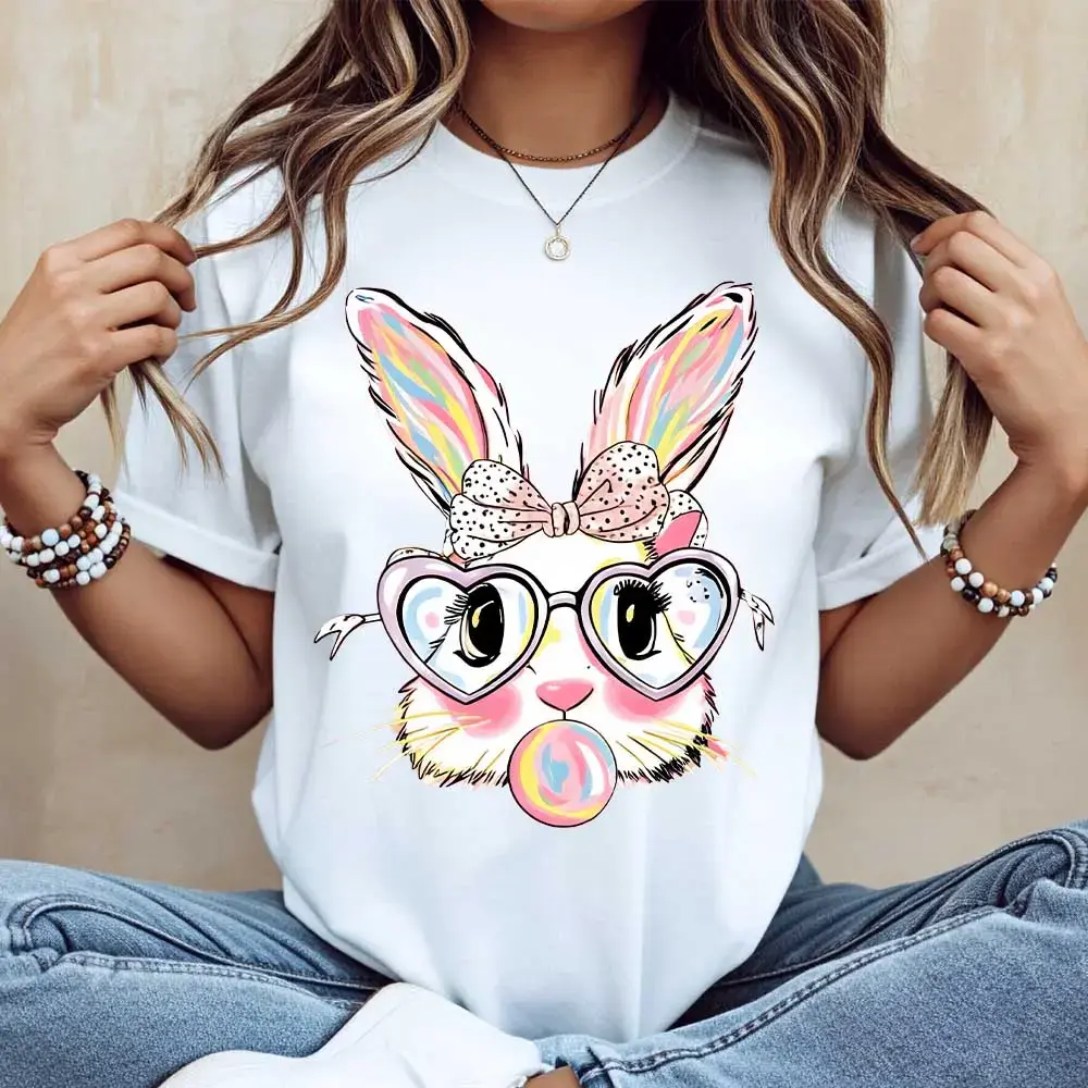 Women's Tops, Casual Short-Sleeve T-Shirt with Easter Bunny Heart-Glasses Fun Print, Round Neck Spring Holiday Streetwear