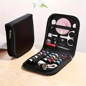 Portable Mini Sewing Kit, Colorful Canvas Travel Sewing Set, Essential Art & Craft Supplies for Small Repairs, All-Season Sewing Project Kit, Black & Mixed Colors, Sewing Supplies Crafts, Sewing Tools