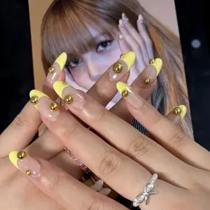 NaileyCrush Butter Yellow 10PCS Handmade Press-On Nails - Reusable | Gel/Acrylic | Free Tools Included | Glossy Almond Shape | French Tip | Ultra Lightweight |