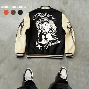 Men's Baseball Jacket 100% Polyester Soft Fabric Multi-Color Black Orange Coffee American Gang-Style West Coast Vintage Stars Jesus Peace Graphic Print Varsity Coat Retro Classic Old School Casual Sports SWAG Streetwear Winter Trendy Gift Fleece Tops