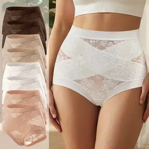 Morelect  4/6/8 pcs Women's High Waist Lace Panties, Front Crisscross Design, Breathable Lightweight Summer Fit, Romantic Floral Print, Everyday Briefs