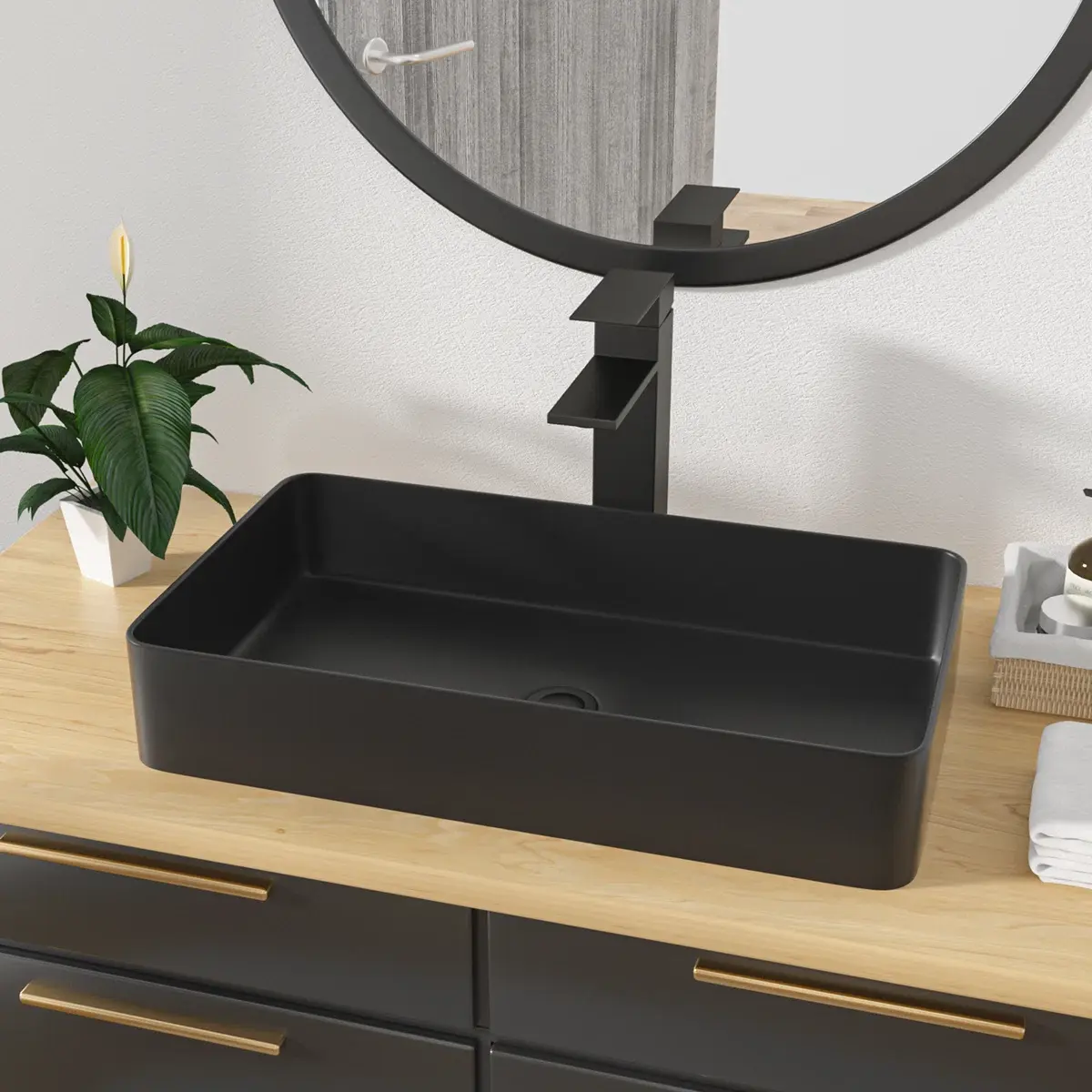 Kichae 19" x 15" Rectangular Matte Black Ceramic Vessel Sink, Countertop Bathroom Vanity Sink, Modern Rectangular Above Counter Lavatory Sink for Contemporary & Farmhouse Bathroom Remodel