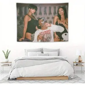 Music Album Cover Tapestry With Rap Artist & Friends Design - Soft Peach Skin Velvet Wall Hanging  Polyester   Perfect For Living Room  Bedroom Or Party Decor  Ceiling Mountable  No Installation Required   Bedroom Tapestry， funny tapestry durable man