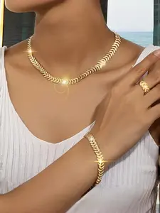 Women's Hip-Hop Style Fashionable Jewelry Set, Includes Necklace, Bracelet & Ring, Perfect for Casual Wear & Gifting, Ideal for Spring & Summer