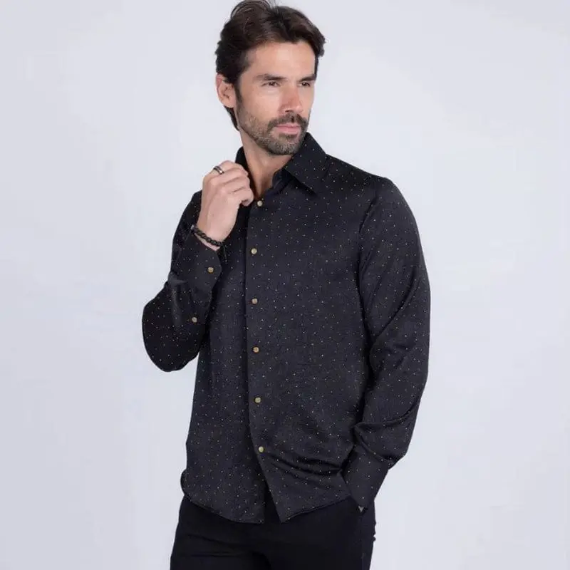 Shirt with Floral Texture and Black Gold Rhinestones