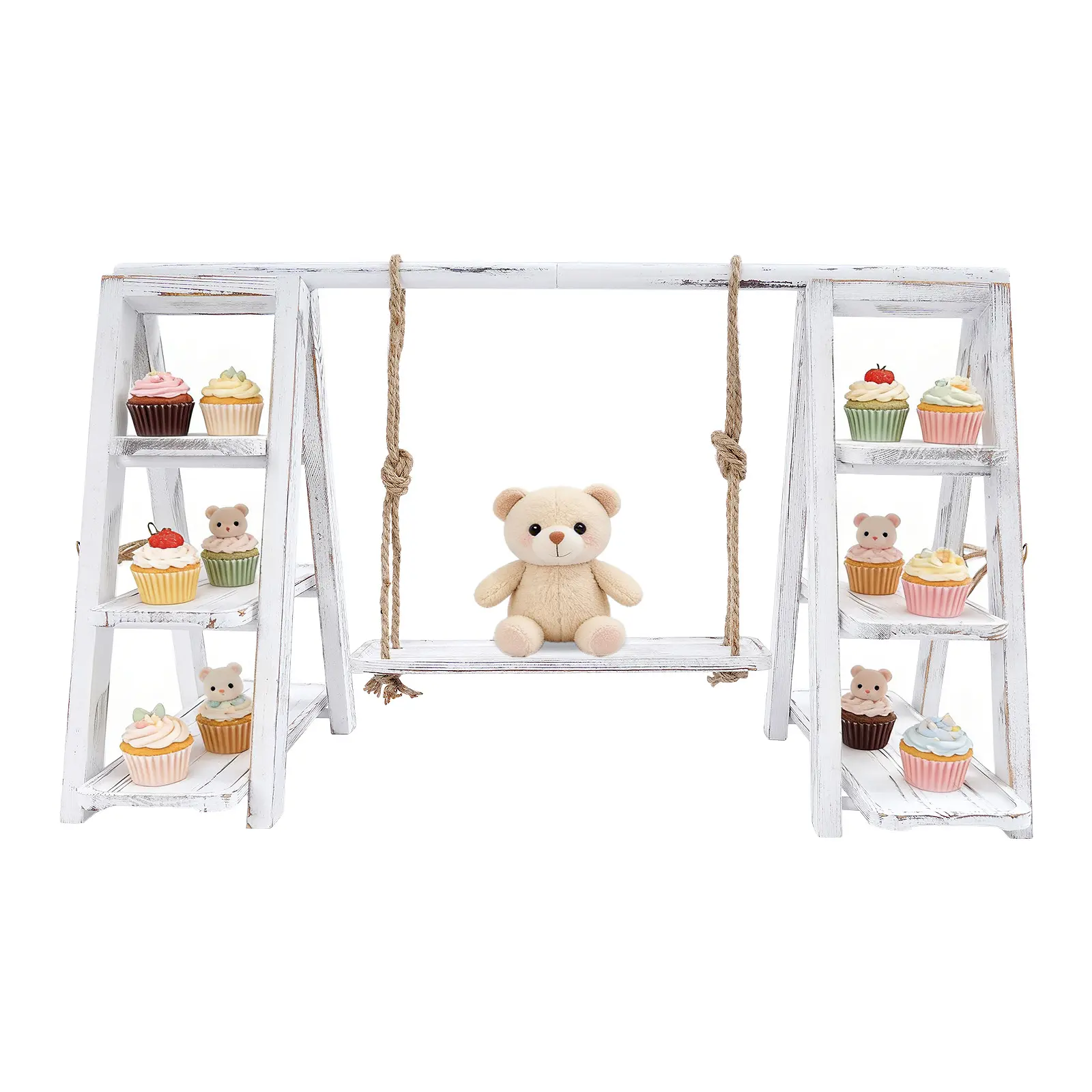 Rustic White Wooden 3-Tier A-Shaped Serving Ladder Organiser Rack - Iron Frame, Swinging Plate, Removable Trays, 4.4 lbs per Tier Heavy Duty, Room Accessories for Fruits, Cakes, Farmhouse Kitchen Counter Decor Gift