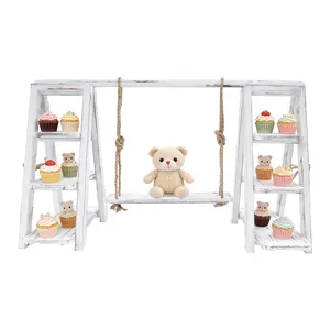 Rustic White Wooden 3-Tier A-Shaped Serving Ladder Organiser Rack, Iron Frame with Swinging Plate & Removable Trays, 4.4 lbs per Tier Heavy Duty for Fruits, Cakes, Farmhouse Kitchen Counter Decor