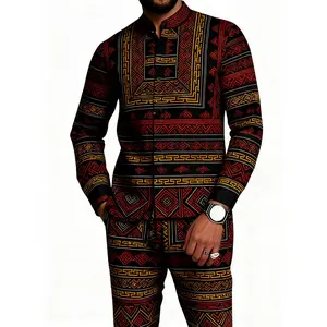 2pcs Men's African-Inspired Geometric Print Traditional Moroccan/Nigerian Style Suit Set - Breathable Lapel Shirt & Matching Pants, Golden-Toned Turquoise/Black/Golden, All-Season Wear for Cultural Events, Themed Parties & Travel Outfits