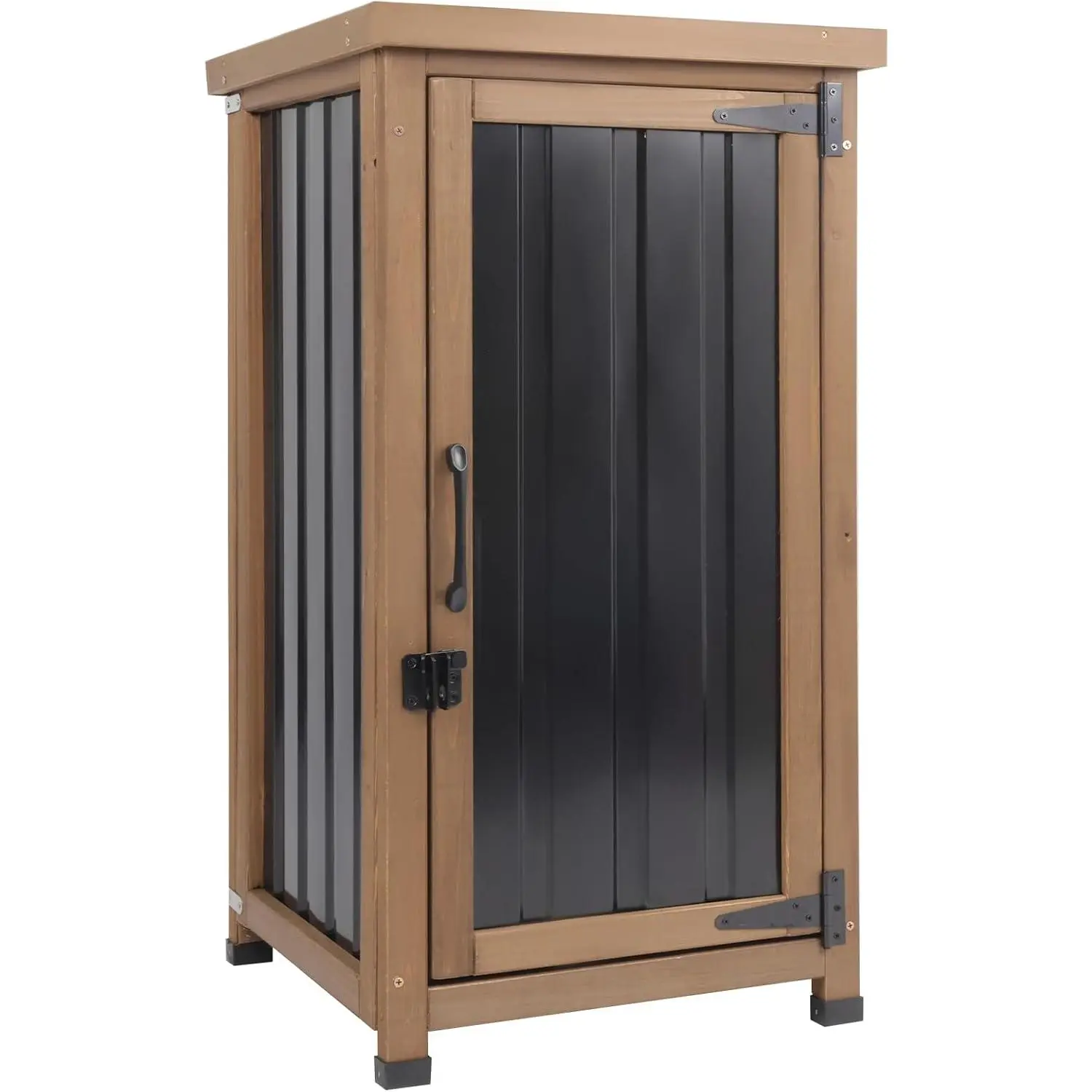 Outdoor Storage Cabinet Waterproof with Metal Top, Wood & Metal Outside Potting Bench Table Tool Organizer with Adjustable Shelf for Patio Backyard Garden