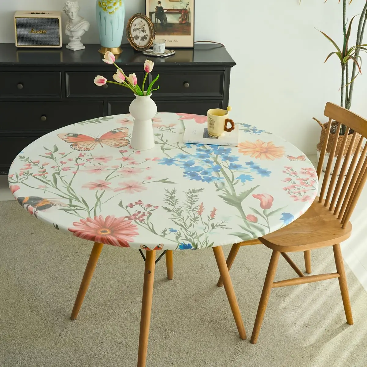Round Fitted Tablecloth with Elastic Edge, Waterproof Oil Proof Plastic Table Cover, Vinyl Flannel Backed Table Cloth Fits 48 Inch Round Tables for Dinner, Outdoor, Picnic, Flowers