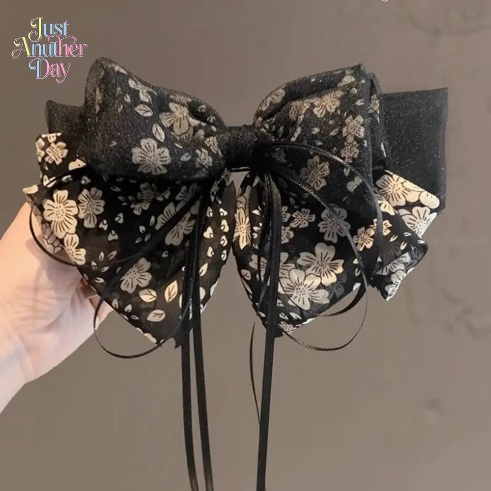 Black Floral Print Bow Hair Clip, Elegant Retro Oversized Bow with Long Ribbon Tails, High-Quality Spring Clip for Women, Vintage Style Hair Barrette for Half-Up Hairstyles