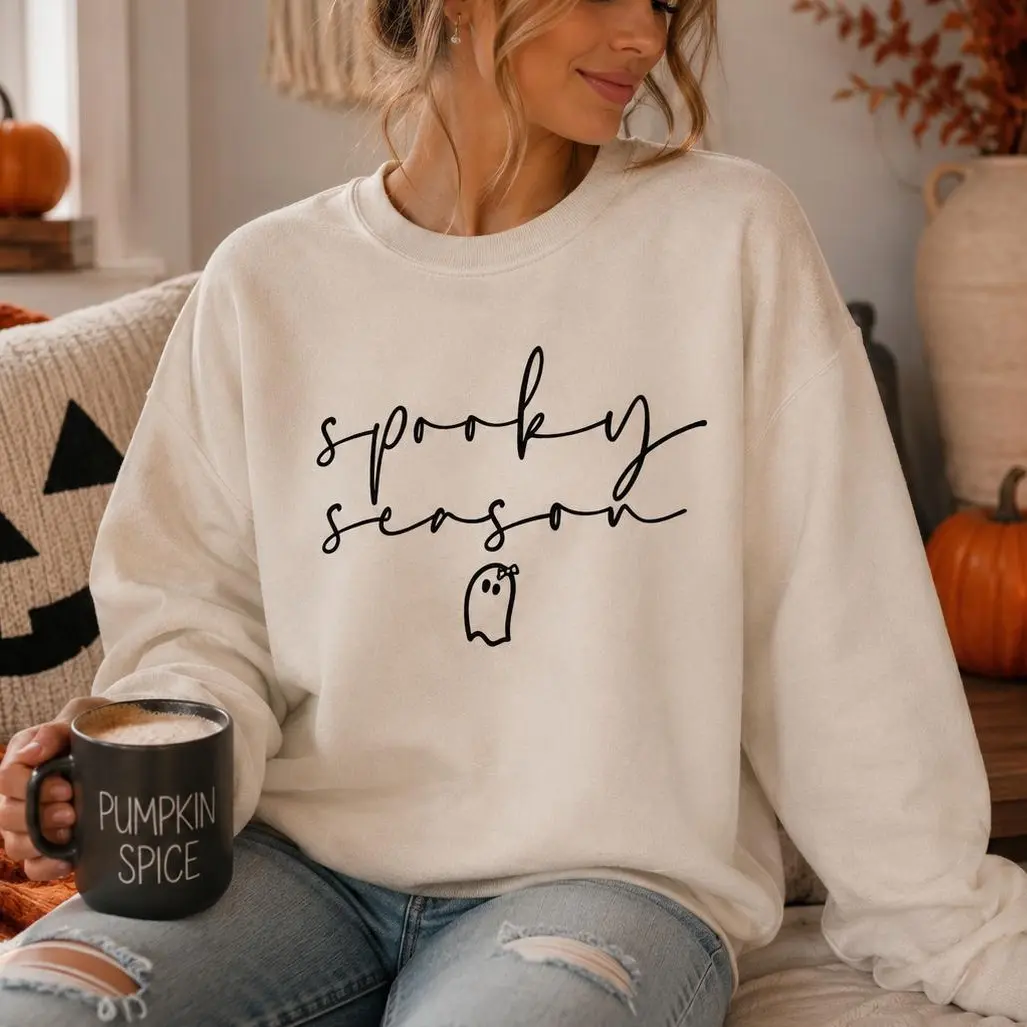 Spooky Season Sweatshirt, Minimalist Halloween Crewneck, Cute Ghost Sweatshirt, Fall Graphic Pullover, Cozy Autumn Shirt, Gildan Sweatshirt -DPCLICK