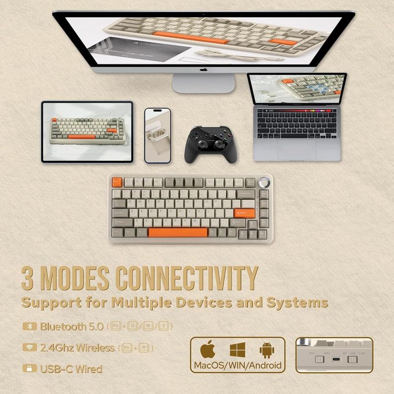 Ajazz AK820 Max Tri-Mode Mechanical Keyboard 2.4G Wireless Bluetooth USB-C 75% 82 Key Compact Layout 8000mAh Battery Hot-Swappable Gasket Mount PBT Keycaps RGB Backlit Metal Knob Fish Switch Grey Durable Keyboard Boyfriend Gift Valentine  keyboard