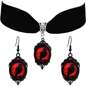 Halloween  Set for Women Gothic Cameo Necklace Earring Set  Black  Bat/Raven/ Glass Pendant Necklace Earrings Victorian Vampire Costume Accessories