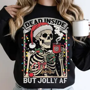 Dead Inside Skeleton Christmas Sweatshirt, Coffee Lover Christmas Sweater, Dead Inside But Jolly AF Shirt, Skeleton Christmas Lights Shirt J7D