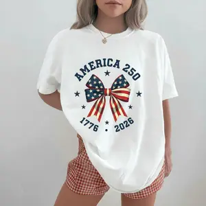 America 250 Stars And Stripes Bow Print T Shirt White Crew Neck Casual Top For Independence Day Celebration