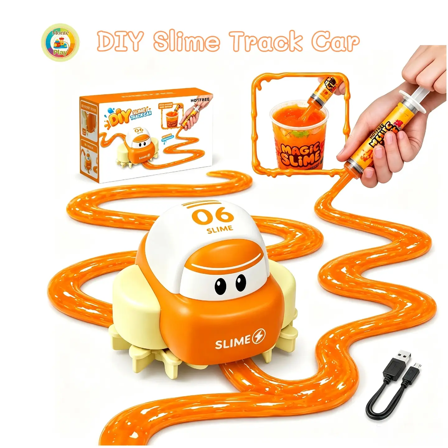 Hotfree DIY Slime Track Car, Slime Race Track Builder with Rechargeable Motorized Car, Auto Follow Custom Slime Route Line, STEM Educational Sensory Toy, Non-Toxic Slime Making Kit with Syringe, Birthday Christmas Gift for Kids Boys Girls Ages 3+