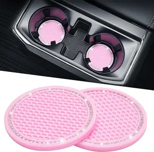Cup Holder Coasters for Car, 2 Pack Universal Anti-Slip Car Coasters with Crystal Rhinestone, 2.75 inch/6.98 cm PVC Cup Holder Insert Coaster, Pink Car Accessories (Pink with Diamond)