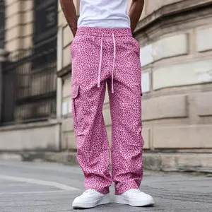 Men's Pink Leopard Print Cargo Pants, Elastic Waist with Drawstring, Side Cargo Pockets, Lightweight Loose Fit, Ideal for Streetwear, Urban Style, and Casual Wear, a bold statement wardrobe staple.