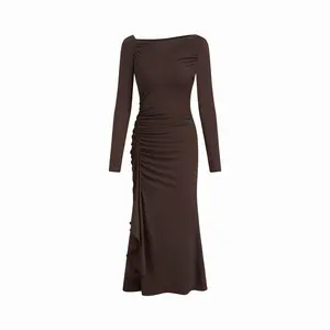 Cider Asymmetrical Neck Long Sleeve Ruched Draped Maxi Dress