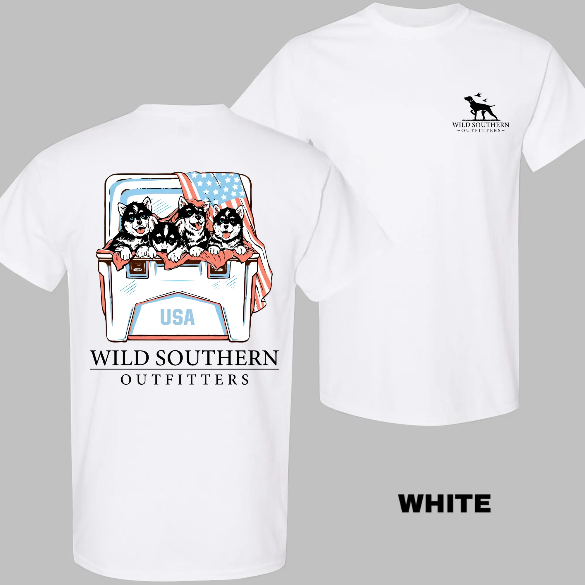 Wild Southern Outfitters Husky T-Shirt, Double Sided Patriotic Puppies Graphic Tee, American Flag Country Cooler Shirt, Casual Unisex Top