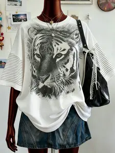 Women's Loose Fit Tiger Pattern T-Shirt, Colorblock Striped Sleeves, Round Neck, Summer Casual, Streetwear, Back-To-School, Vacation Wear