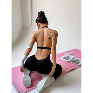 Women's solid color backless sports jumpsuit, casual sports sleeveless yoga fitness jumpsuit, Four Seasons women's sportswear, Four Seasons sportswearRAIMENTRY