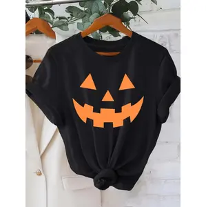 Women'S Halloween Pumpkin Face T-Shirt - Black with Orange Jack-O'-Lantern - Lightweight Casual Party Outfit - Easy-to-Wear Halloween Costume Top for Fall Events & Casual Attire - Year-Round Halloween Apparel, Halloween Clothes, F