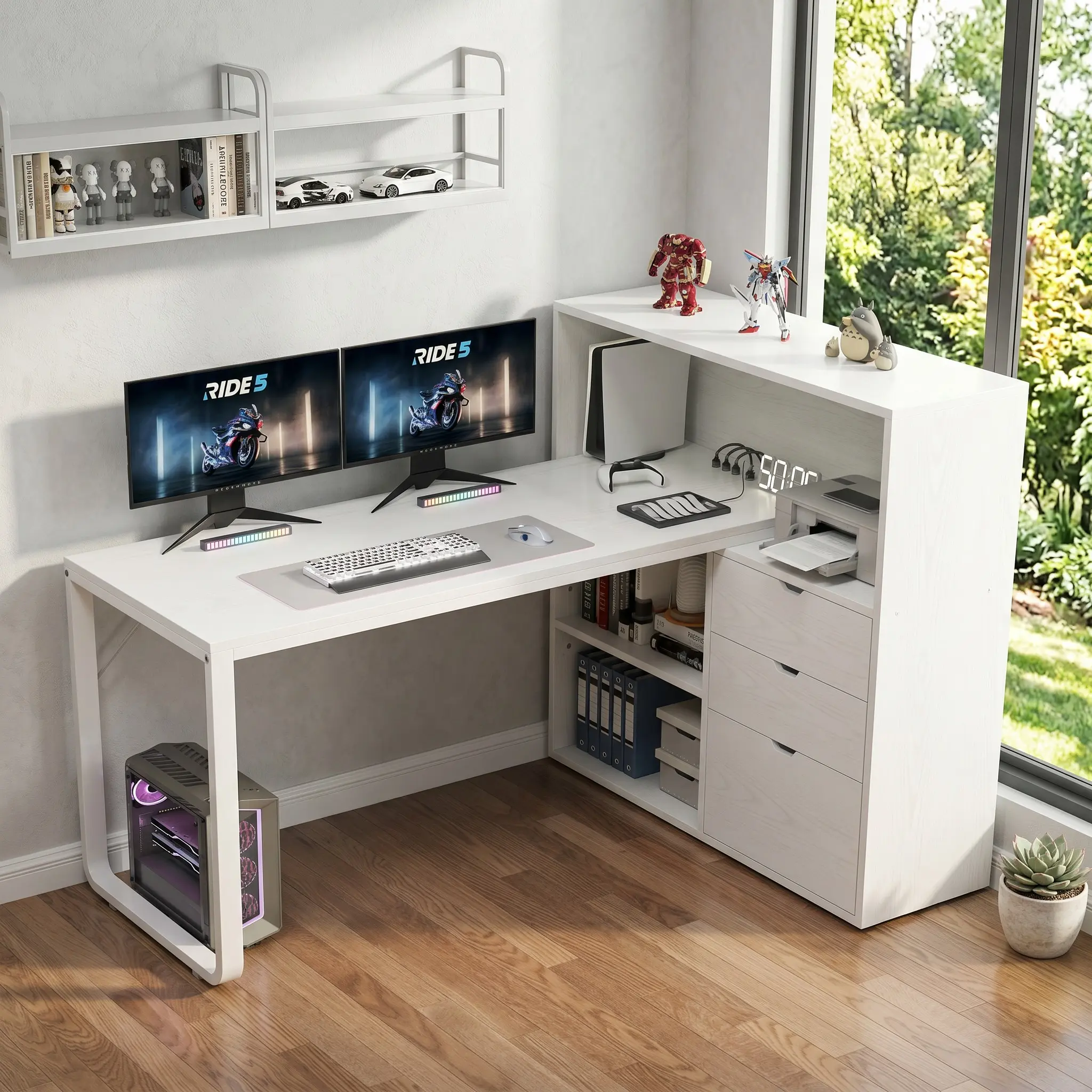 55" White L-Shaped Desk with Drawers, Corner Computer Desk & Nail Art Table, Built-in Power Outlets & USB Ports, RGB LED Lights, Storage Shelves & Bookshelf, Home Office Desk for Work & Decoration